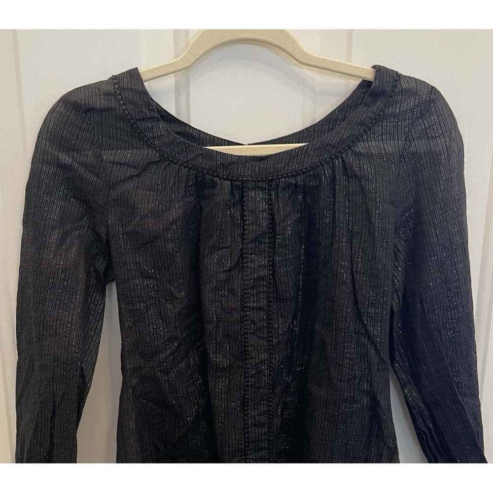 Sheer Black Silver Stripes Cotton Back Button Long Sleeve Glitter Womens‎ S